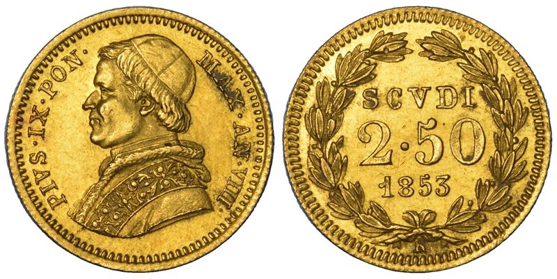 STATO PONTIFICIO. PIO IX, 1846-1878. 2,5 Scudi 1853/A. VIII. Roma.  - Auction Numismatics - Cambi Casa d'Aste