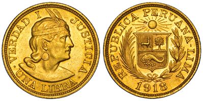 Moneta del Perù, Repubblica, 1918, Libra in oro
