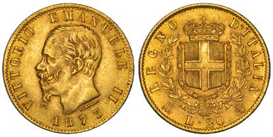 Regno d'Italia, Vittorio Emanuele II di Savoia, 20 Lire, 1873, Milano