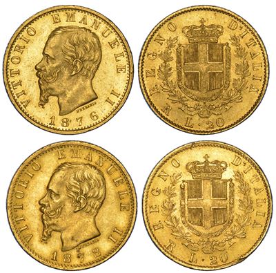 Regno d'Italia, Vittorio Emanuele II di Savoia, Lotto di due monete, 20 Lire 1876 e 20 Lire 1878
