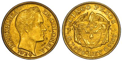Colombia, 5 Pesos 1924, Bogotà, Oro