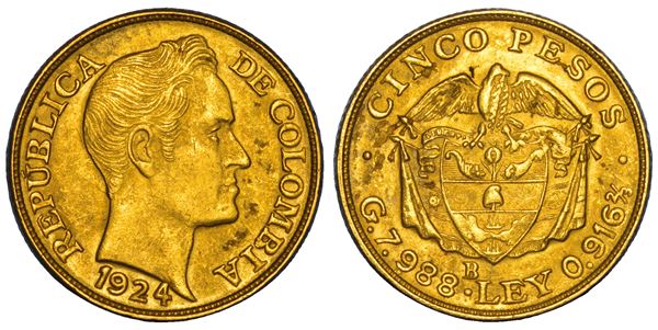 COLOMBIA. REPUBLICA. 5 Pesos 1924. Bogotà.