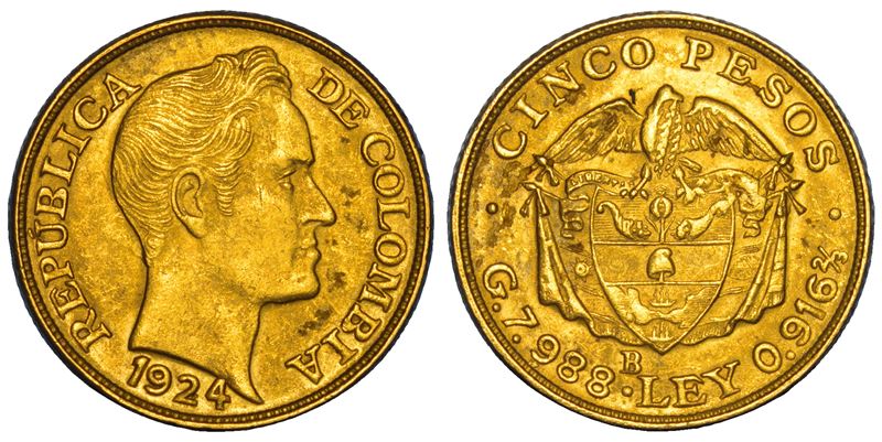 COLOMBIA. REPUBLICA. 5 Pesos 1924. Bogotà.  - Asta Numismatica - Cambi Casa d'Aste