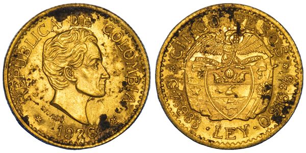 COLOMBIA. REPUBLICA. 5 Pesos 1926. Medellin.
