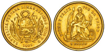 Perù, Repubblica, 5 Soles, 1863, Oro