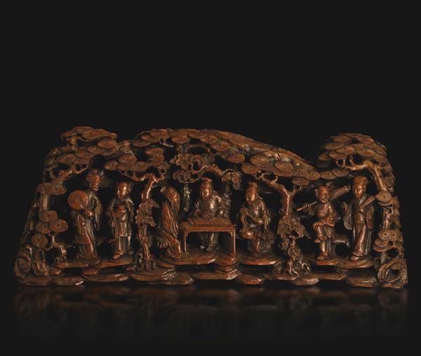 Fregio scolpito in legno intagliato raffigurante scena di vita comune, Cina, Dinastia Qing, XIX secolo