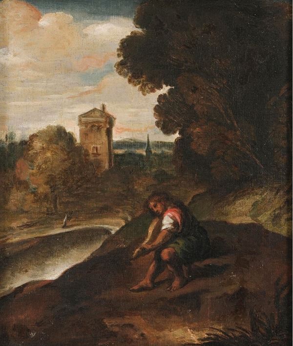 Scuola veneta del XVII secolo Paesaggio con suonatore