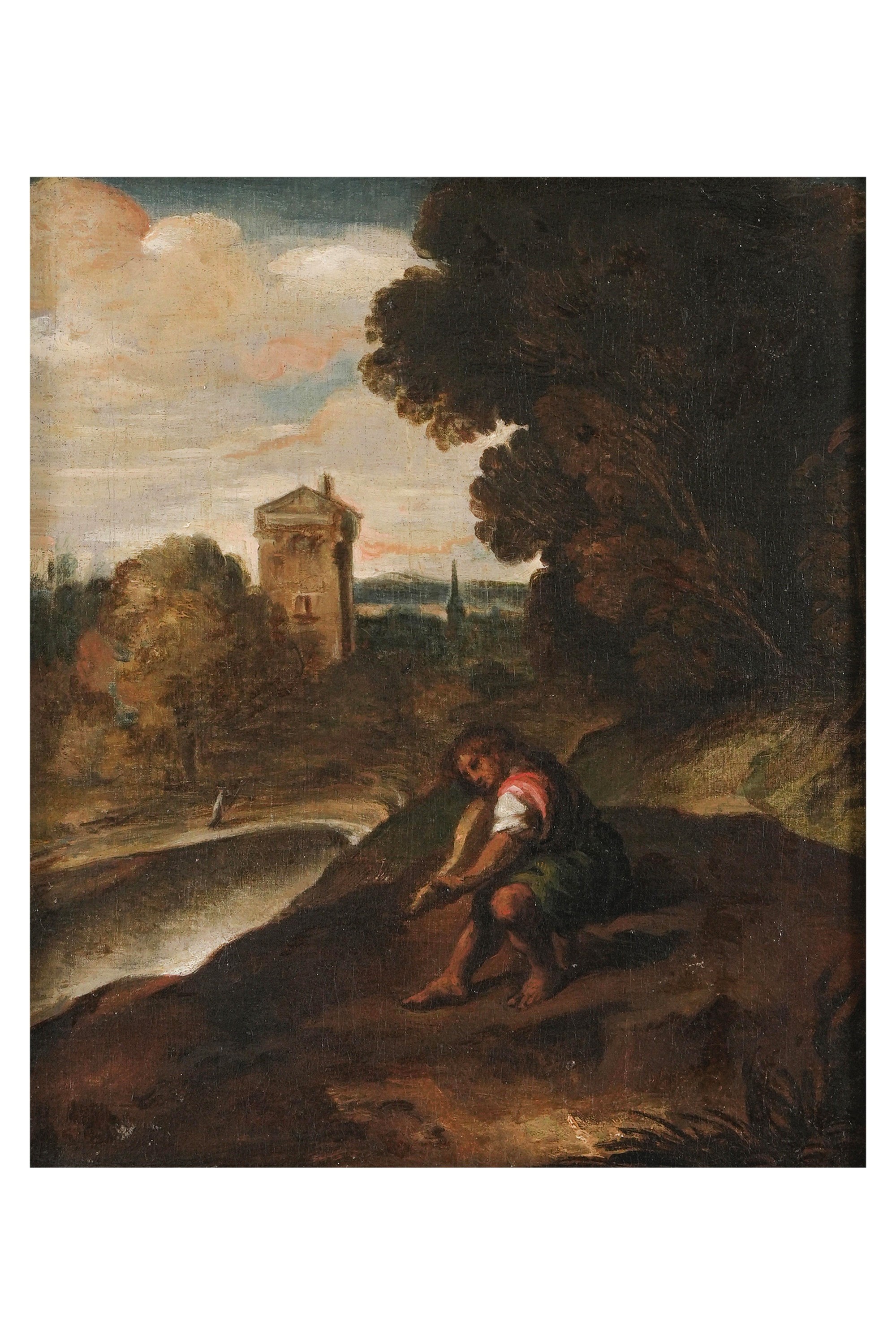 Scuola veneta del XVII secolo, Paesaggio con suonatore, olio su tela