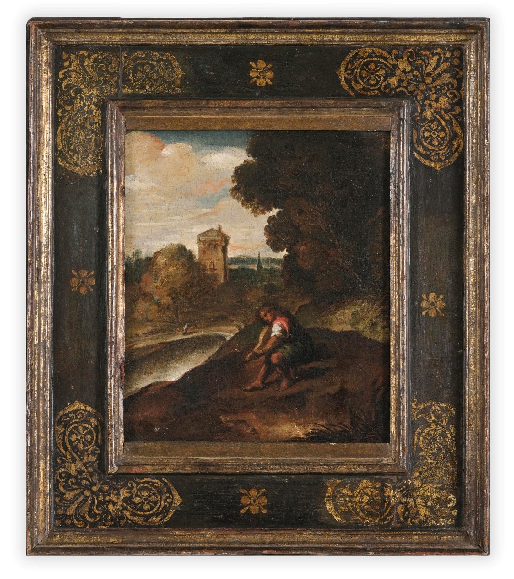 Scuola veneta del XVII secolo Paesaggio con suonatore