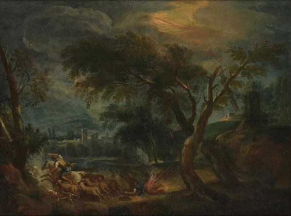 Scuola veneta del XVIII secolo Paesaggio con fulmine