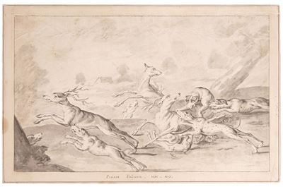 La caccia al cervo (penna, inchiostro bruno e acquerello su carta)
