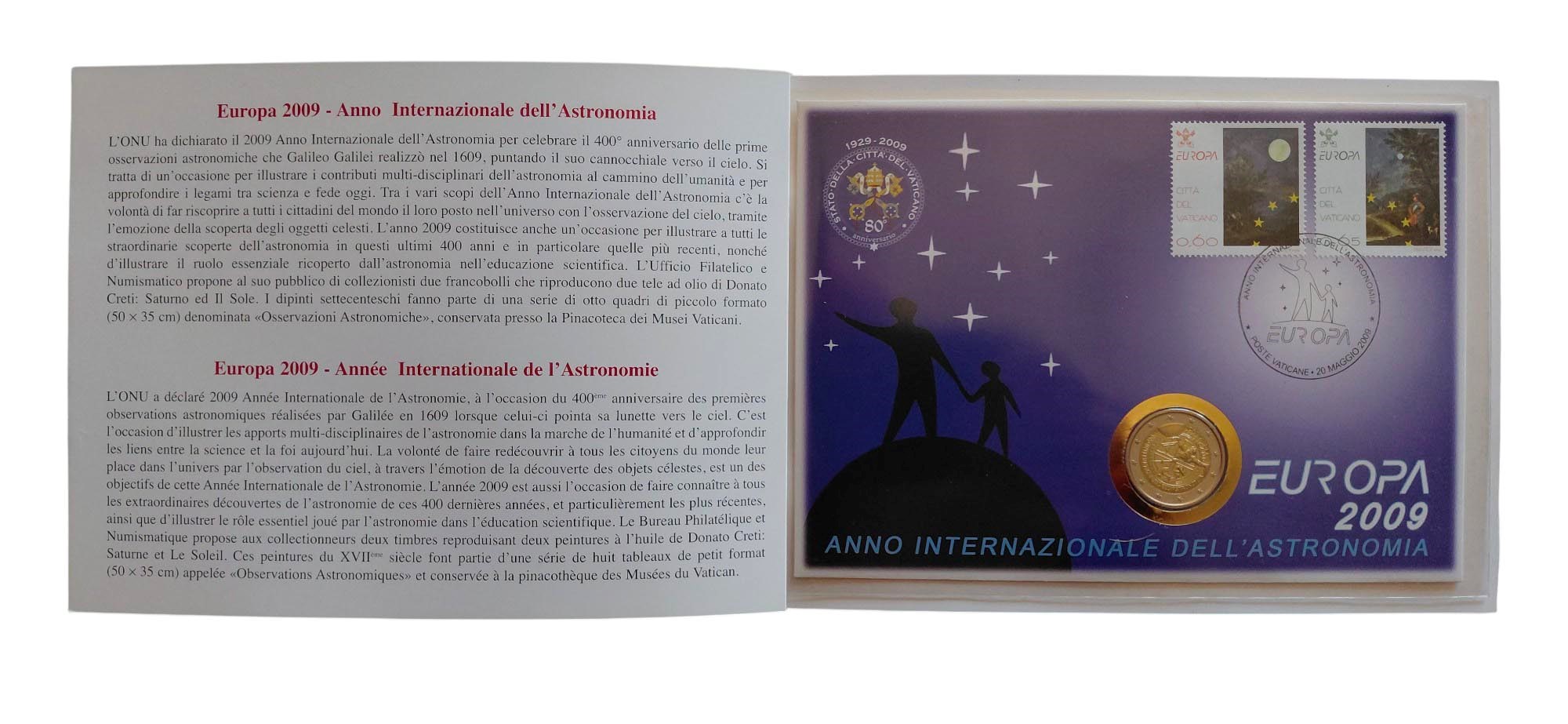 Vaticano 2009: busta filatelica-numismatica ufficiale, contenente due francobolli e una moneta da...