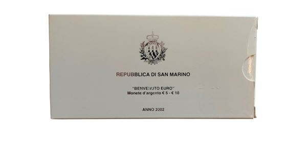 San Marino 2002: dittico celebrativo contenente 2 monete da 5 + 10 Euro Fondo Specchio in argento.