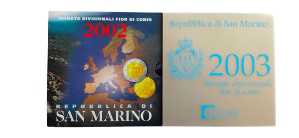 San Marino 2002-2003: lotto di 2 divisionali Fior di Conio ufficiali con una moneta d’argento.
