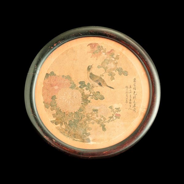 Dipinto a soggetto naturalistico  raffigurante volatile e fiori con iscrizioni, Cina, Repubblica
