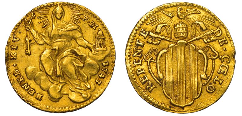 STATO PONTIFICIO. BENEDETTO XIV, 1740-1758. Mezzo Zecchino 1743. Roma.  - Asta Numismatica Light - Cambi Casa d'Aste