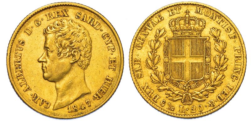 REGNO DI SARDEGNA. CARLO ALBERTO DI SAVOIA, 1831-1849. 20 Lire 1847. Genova.  - Auction Light Numismatics - Cambi Casa d'Aste