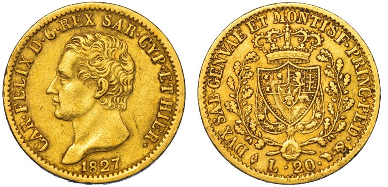 REGNO DI SARDEGNA. CARLO FELICE DI SAVOIA, 1821-1831. 20 Lire 1827. Torino.  - Auction Light Numismatics - Cambi Casa d'Aste