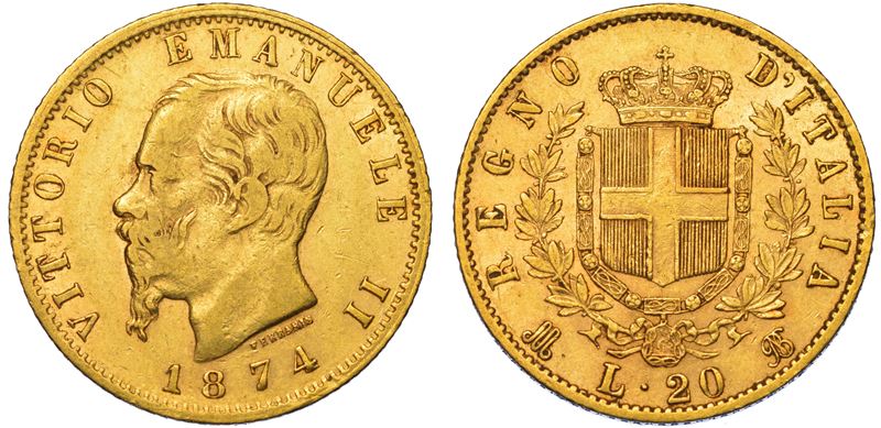 REGNO D'ITALIA. VITTORIO EMANUELE II DI SAVOIA, 1861-1878. 20 Lire 1874. Milano.  - Auction Light Numismatics - Cambi Casa d'Aste