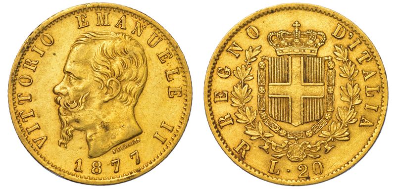 REGNO D'ITALIA. VITTORIO EMANUELE II DI SAVOIA, 1861-1878. 20 Lire 1877. Roma.  - Auction Light Numismatics - Cambi Casa d'Aste