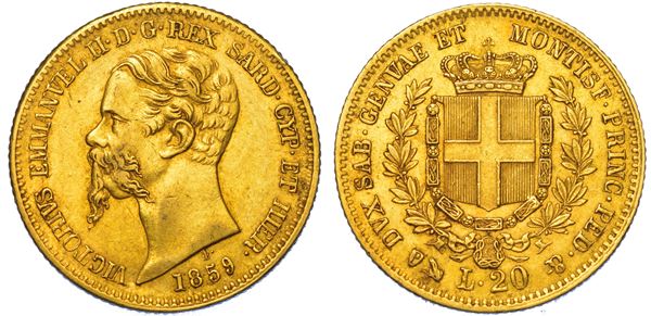 REGNO DI SARDEGNA. VITTORIO EMANUELE II DI SAVOIA, 1849-1861. 20 Lire 1859. Genova.