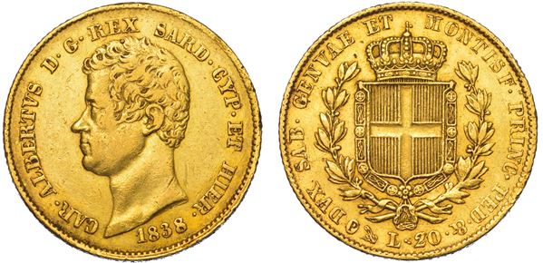 REGNO DI SARDEGNA. CARLO ALBERTO DI SAVOIA, 1831-1849. 20 Lire 1838. Genova.