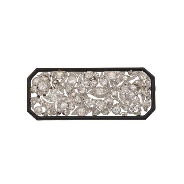 Old-cut diamond, enamel, platinum and gold brooch
