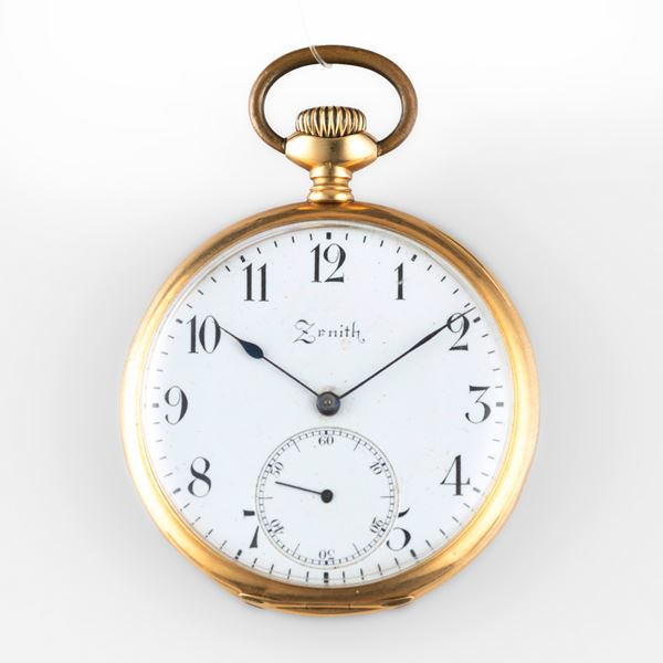 Zenith - Orologio da tasca in oro giallo 18k, quadrante smalto bianco con numeri Arabi e piccoli secondi al sei, carica manuale 48 mm, peso 72,5 g