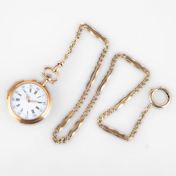 Orologio da tasca in oro giallo 18k con cassa con monogramma in rilievo, quadrante bianco con numeri  [..]