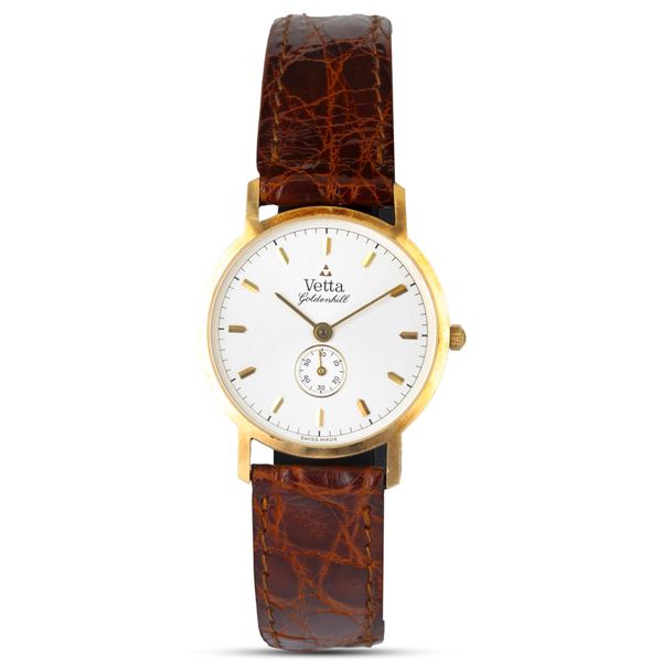 Vetta - Goldenhill in oro giallo 18k, quadrante argentè con piccoli secondi al sei, movimento al quarzo, 28 mm, con garanzia originale