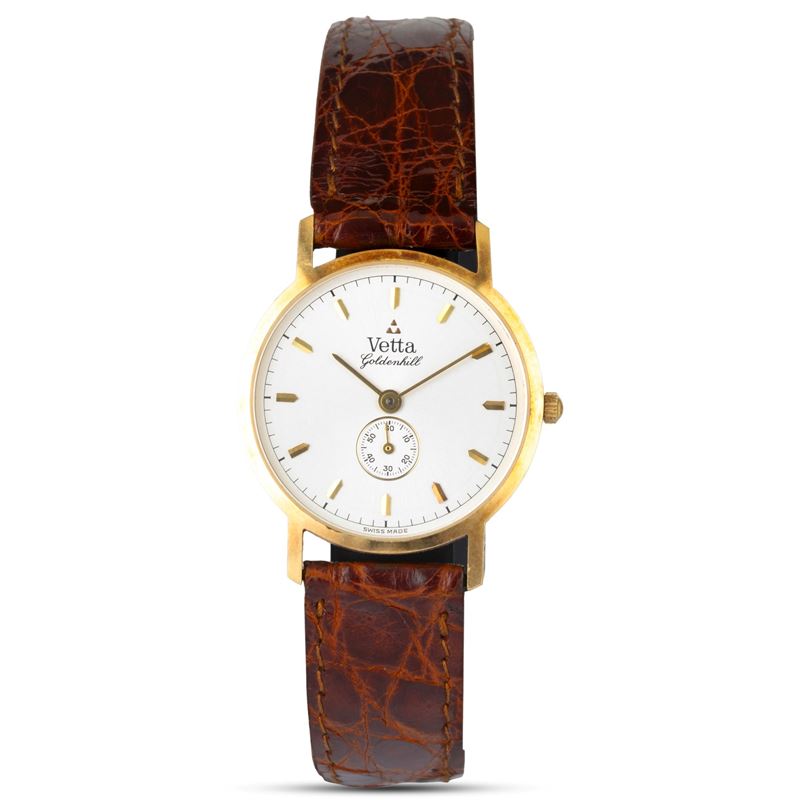 Vetta : Goldenhill in oro giallo 18k, quadrante argentè con piccoli secondi al sei, movimento al quarzo, 28 mm, con garanzia originale  - Asta Orologi da Polso - Cambi Casa d'Aste