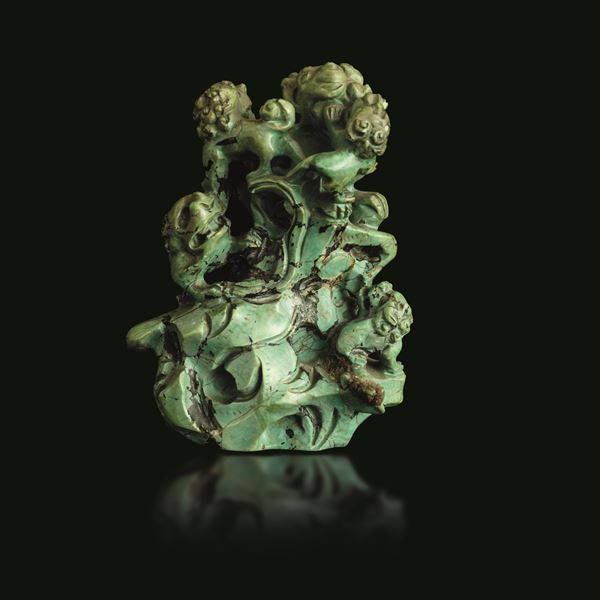 Figura di leoni scolpiti in turchese, Cina, Dinastia Qing, XIX secolo