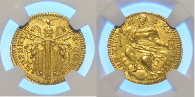 Stato Pontificio, Benedetto XIV, Mezzo Zecchino del 1755, NGC MS61
