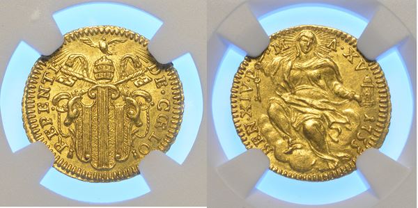 STATO PONTIFICIO. BENEDETTO XIV, 1740-1758. Mezzo zecchino anno XV/1755.