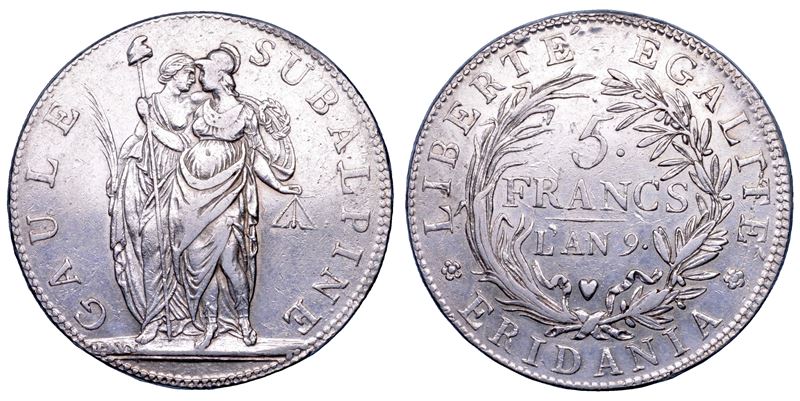 TORINO. REPUBBLICA SUBALPINA, 1800-1802.  5 Franchi AN. 9.  - Asta Numismatica - Cambi Casa d'Aste