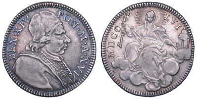 Stato Pontificio, Benedetto XIV, Quinto di scudo 1756, Argento