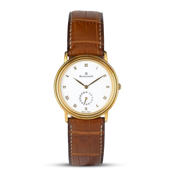 Blancpain - Villeret ref. 4795 in oro giallo 18k con fondello a vista, quadrante bianco con numeri romani e datario al sei, carica automatica, 34 mm, con scatola originale