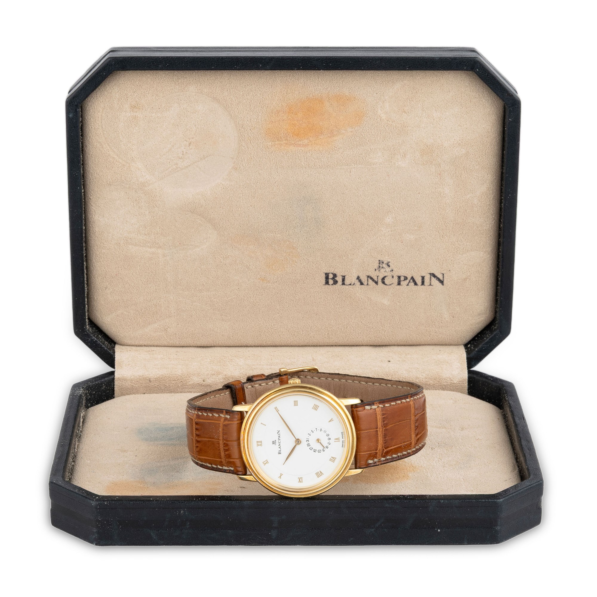 Blancpain - Villeret ref. 4795 in oro giallo 18k con fondello a vista, quadrante bianco e datario...