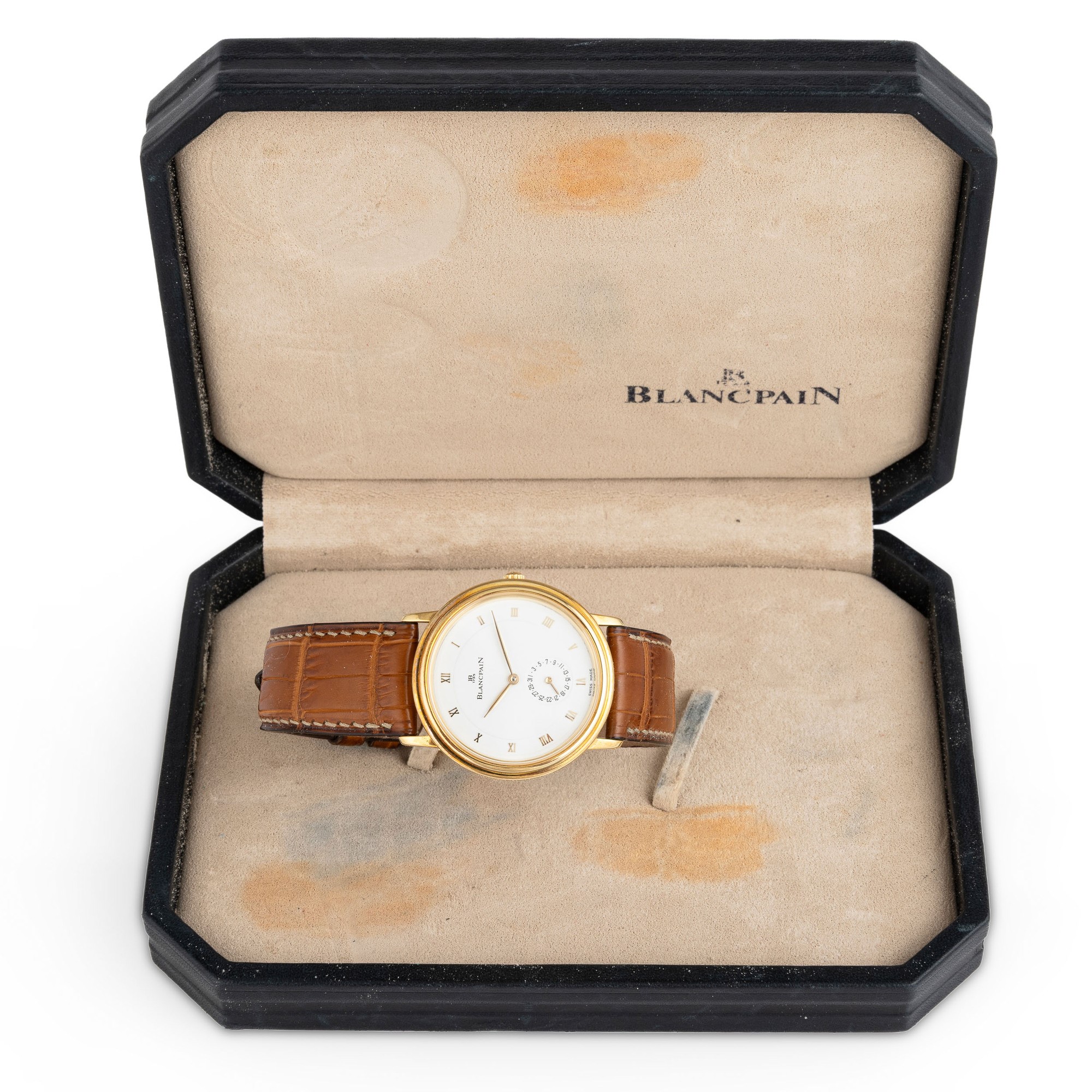 Blancpain - Villeret ref. 4795 in oro giallo 18k con fondello a vista, quadrante bianco e datario...