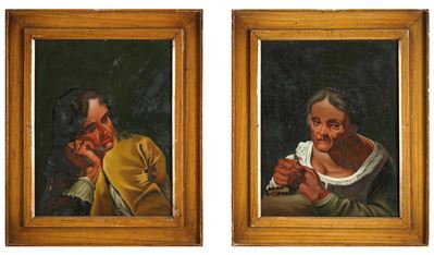 Scuola veneta del XVIII secolo, Coppia di ritratti di popolani, olio su vetro