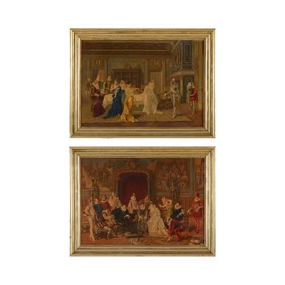 Scene storiche, coppia di oleografie su tela