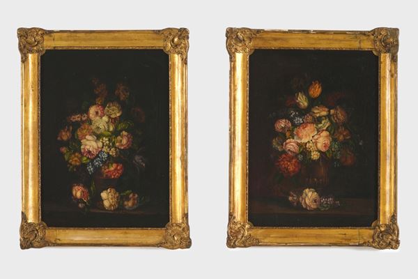 Scuola del XIX secolo Nature morte con vasi di fiori