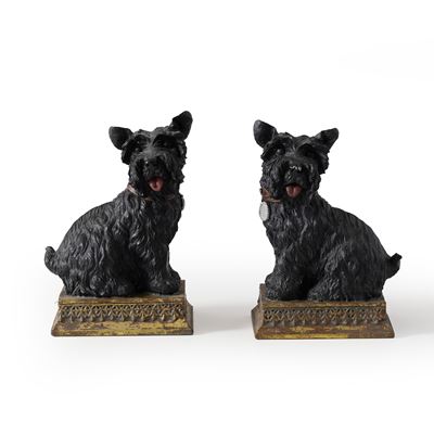 Coppia di fermalibri a foggia di Scottish Terrier, resina, cm 8,5 x 14,5 x 20
