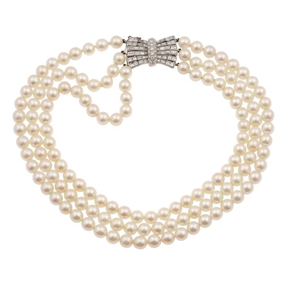 Cultured pearl, diamond and platinum necklace