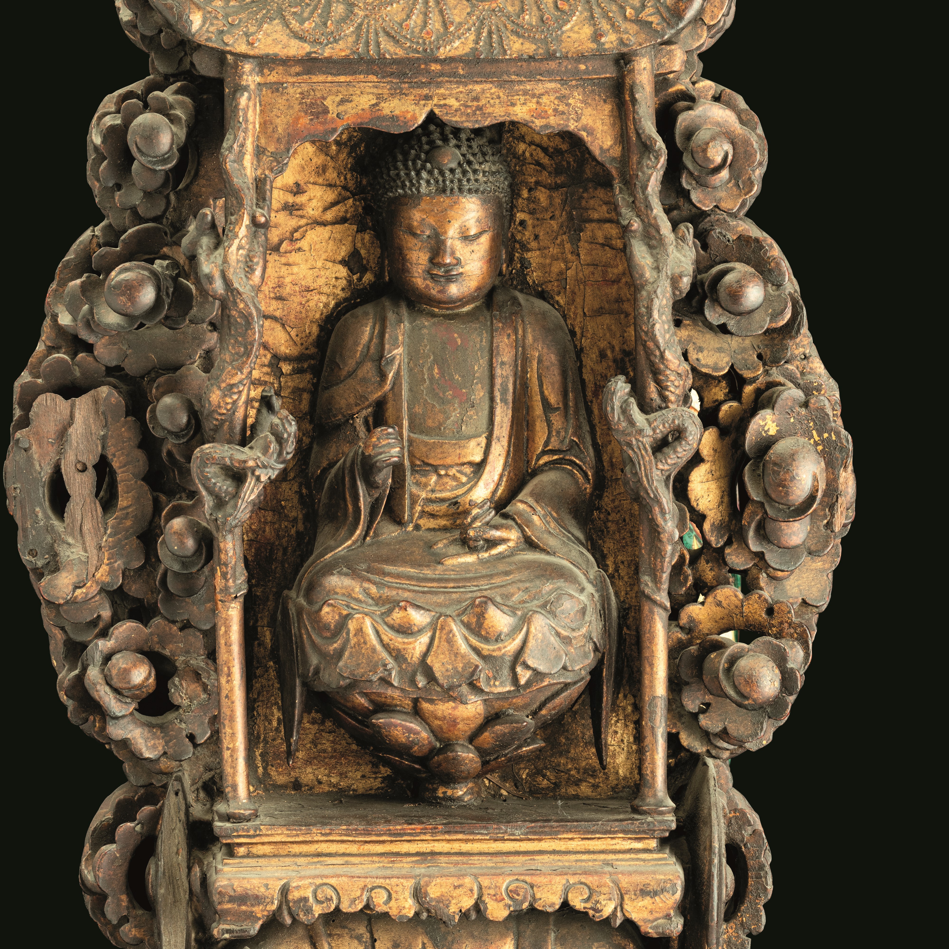 Cina, Dinastia Ming (XVII secolo), Tempietto con figura di Buddha stante su animale fantastico, l...
