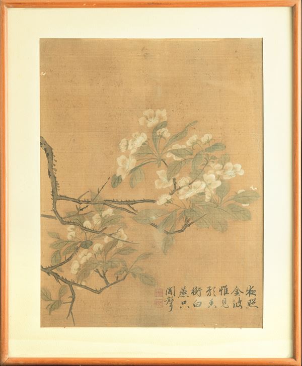 Dipinto raffigurante fiori di pero con iscrizioni, Cina, Dinastia Qing, XIX secolo