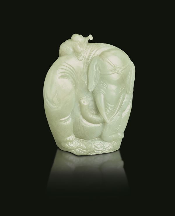 Figura di elefante con personaggio in giada Celadon, Cina, Dinastia Qing, XIX secolo