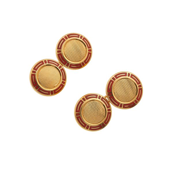Pair of enamel and gold cufflinks. Signed Bulgari. Pouch stamped Bulgari
