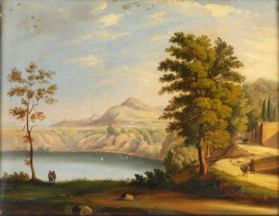 Scuola del XVIII-XIX secolo, Paesaggio con viandanti, olio su tela