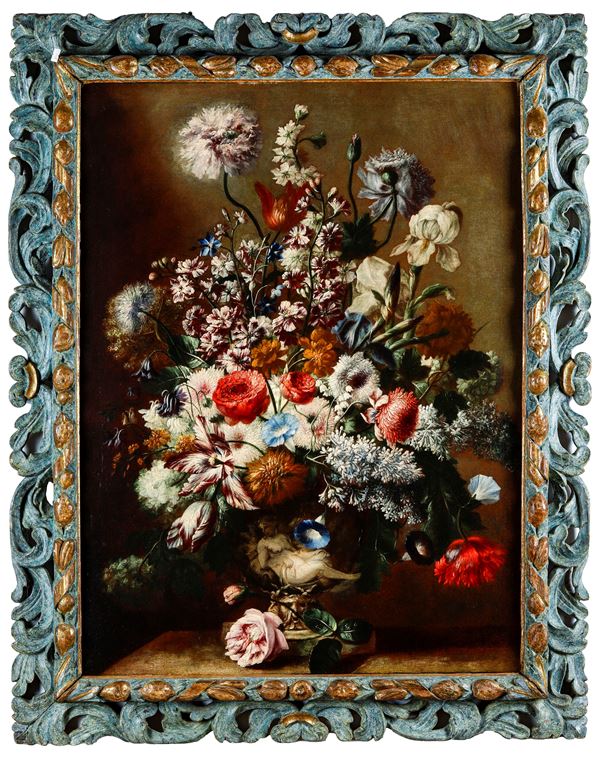 Karel van Vogelaer detto Carlo dei Fiori - Vaso istoriato di fiori con peonie, rose, gigli, tulipani e narcisi